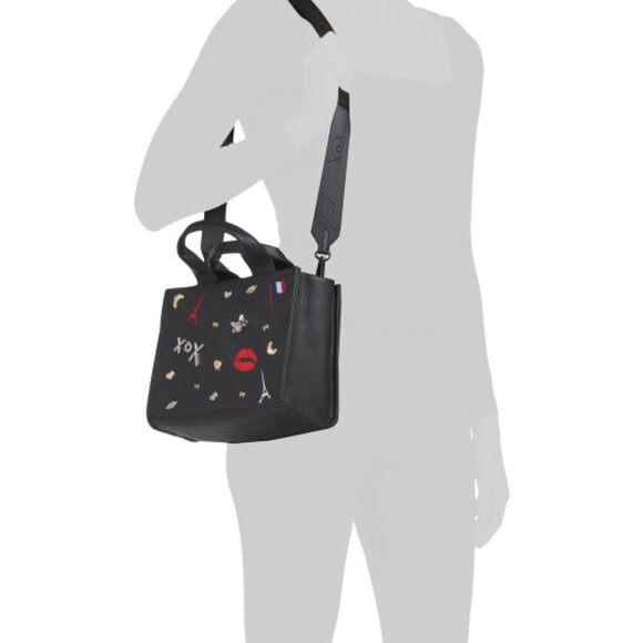 NWT $88 BETSEY JOHNSON Paris Embossed Charm Tote Purse Faux Leather Black Gift - Picture 2 of 10